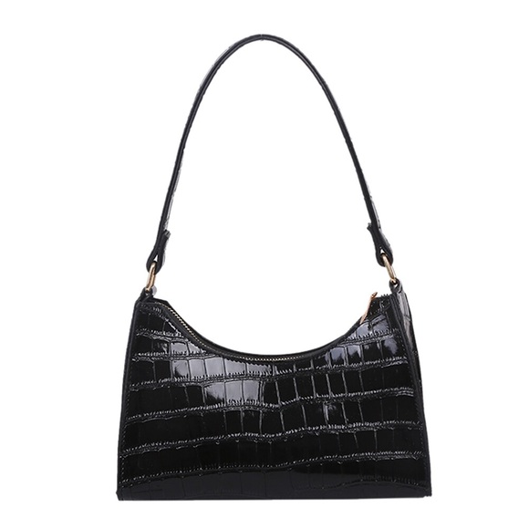 NEW Black Croc-Embossed Shoulder Bag Underarm Handbag Purse - Picture 1 of 10